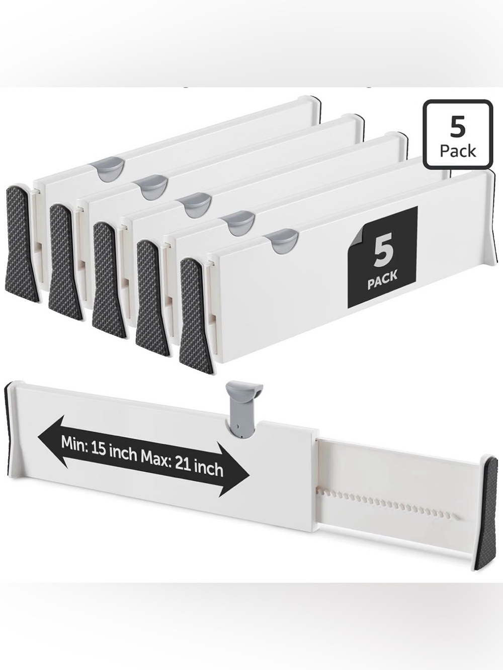 Pack of 5 Adjustable Tall Drawer Dividers Extendable 15”-21” Home Organization